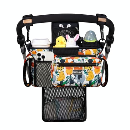 TOPDesign Universal Baby Stroller Organizer, Stroller Caddy with Detachable Mesh Bag & Heightened Insulated Cup Holders & Non-Slip Secure Hooks Accessories, Fits Most Strollers (Zoo) - color: Zoo, style: Pro