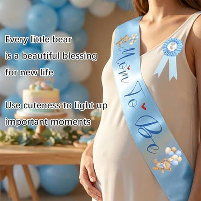 Bearly Wait Mom to Be Sash Teddy Bear Baby Shower Decor Set - color: Blue