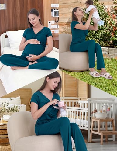 3-Piece Maternity Nursing Pajamas Set for Pregnancy & Postpartum - color: Deep Blue, size: XX-Large