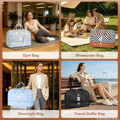 Gifts for Mom, Monogram Weekender Bag for Women Initial Travel Duffle Bag - color: Black & White Checkerboard, style: K