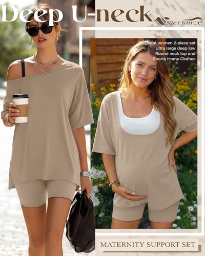 2 Piece Women Maternity Set Pregnancy Outfit - color: Apricot, size: X-Large