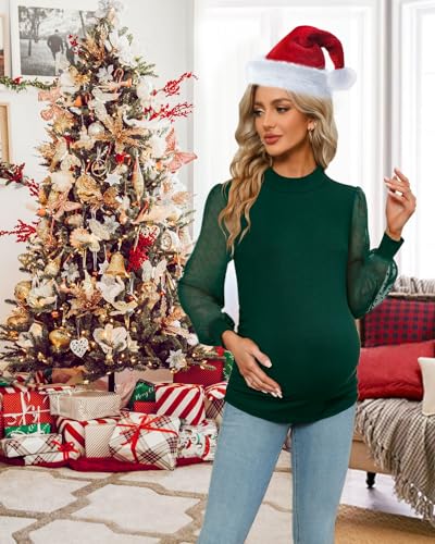 FMEYOA Women's Maternity Shirt Long Sleeve Top Mock Neck Blouse - color: Green, size: Medium