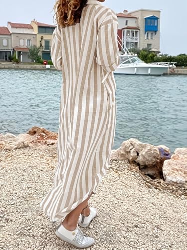 utcoco Womens Casual Striped 1/4 Zipper Maxi Shirt Dresses Rolled Up Sleeve Beach Vacation Boho Shift Dress - color: Khaki, size: Medium