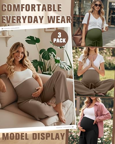 Oakgarden 3 Pack Women's Maternity Pants Over Belly - color: Black, Army Green, Coffee, size: Medium