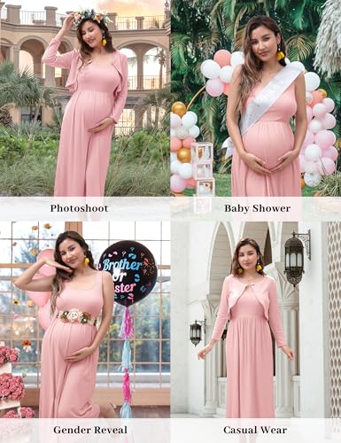 2 PCS Maternity Dress with Cardigan Set, Tank Maxi Pregnancy Dresses - color: Blush Pink, size: Small