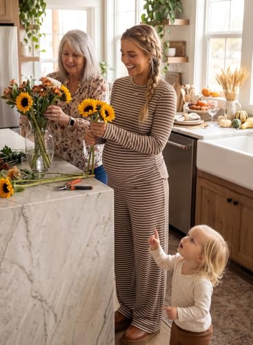BLENCOT Maternity 2 Piece Outfits Striped Long Sleeve Pregnancy Set - color: Brown, size: Medium
