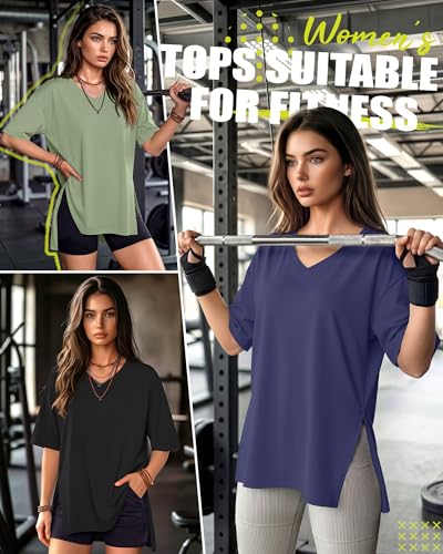 4 Pack Women's Oversized V Neck Shirts - color: Black, Green, Light Pink, Dark Blue, size: X-Large