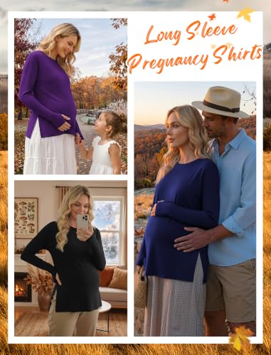 3 Pack Women Maternity Shirts Long Sleeve Pregnancy Tops with Thumb Hole - color: Black/Deep Purple/Navy Blue, size: Small