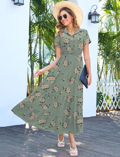 Kranda Women 2026 Summer Collared V Neck Short Sleeve Button Down Chiffon Long Tiered Floral Maxi Dress with Pockets - color: Light Green Floral, size: Medium