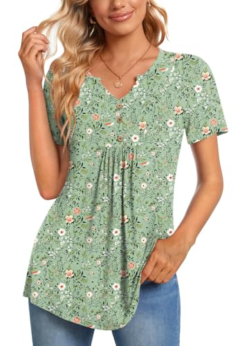 CATHY Womens Short Sleeve Tunic Tops Henley Shirt V Neck Button Up Blouse Casual Pleated Basic Pullover - color: Flower Sparrow+green, size: 3X-Large