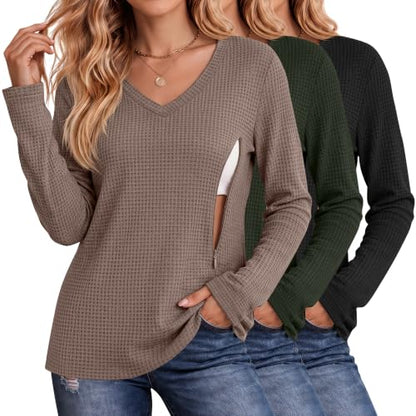 Huukeay 3 Pack Women's Long Sleeve Nursing Breastfeeding Shirts - color: Coffee, Army Green, Black, size: Medium