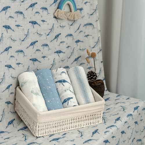 Muslin Swaddle Blankets for Newborn, Cotton Receiving Blanket - color: Blue Ocean Whale