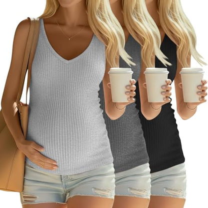 3 Pack Maternity Tank Tops Ribbed V Neck - color: Light Gray, Dark Gray, Black, size: XX-Large