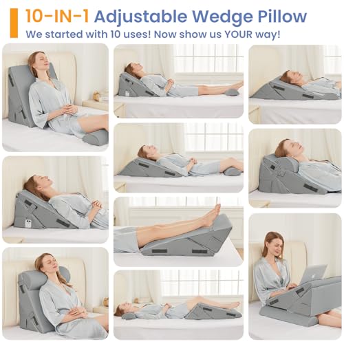 Sasttie Adjustable Wedge Pillow Set for After Surgery, Dark Grey - color: Dark Grey, size: Adjustable 9&12 Inch + 2 Head Pillows