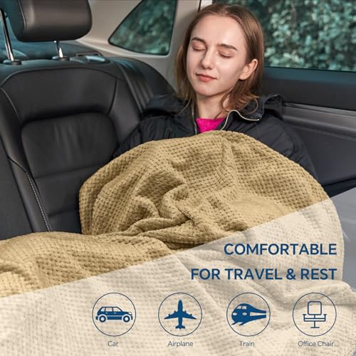 BEDELITE Travel Blanket with Bag, Jacquard Fleece Blanket 65"x40", Camel - color: Camel