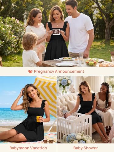 Summer Mae Smocked Maternity Swim Dress Ruffle A-Line with Pockets - color: Black, size: 12