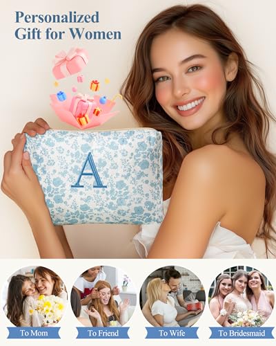 HBselect Initial Makeup Bag for Women Personalized Quilted Cosmetic Bag - color: 1Pc Medium Blueflower, style: B
