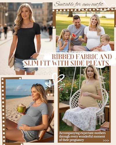 Huukeay 4 Pack Women's Short Sleeve Maternity Shirts - color: Black, Heather Gray, White, Light Khaki, size: Medium