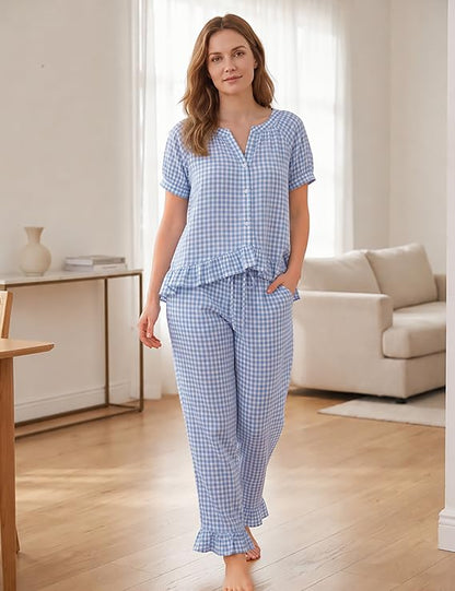 Gingham Cotton Pajamas for Women 2 Piece Cute Ruffle Plaid PJS Set Lounge - color: Blue, size: X-Large