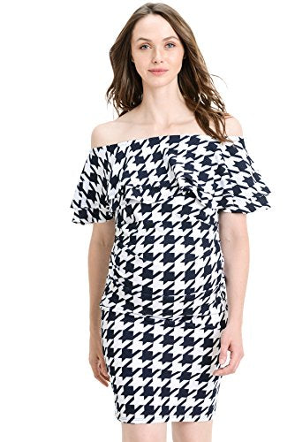LaClef Women's Off Shoulder Maternity Dress with Double Ruffle - color: D.navy Houndstooth, size: Small
