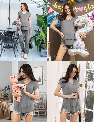 SUNNYBUY 3 PCS Maternity Breastfeeding Pajamas Set with Hidden Nursing Top - color: Gray, size: Small