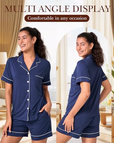 BAMBOO COOL Women's Pajama Set 2 Piece Button Down - color: C-navy, size: Large