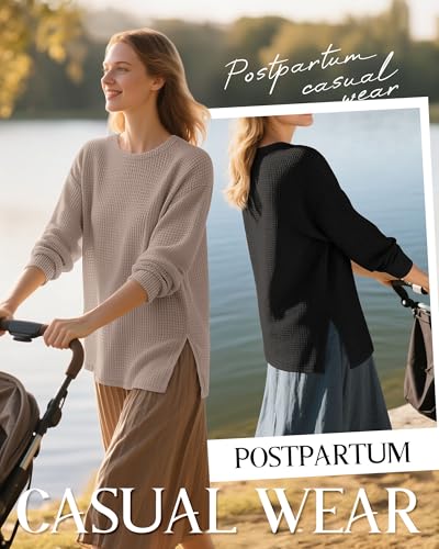 3 Pack Women's Maternity Waffle Knit Shirts - color: Khaki, Apricot, Black, size: Large