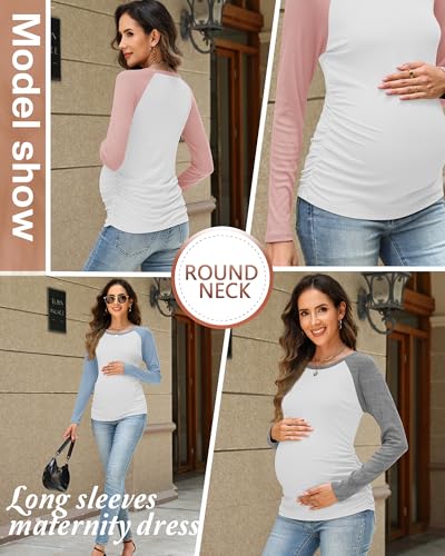 Neer 3 Pack Maternity Long Sleeve Shirts Ribbed Pregnancy Tops - color: Light Heather Gray, Blue, Pink, size: Medium