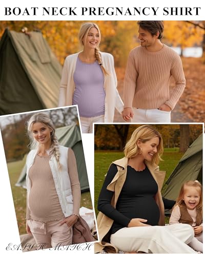 3 Pack Women's Maternity Cotton Shirts Long Sleeve - color: Dusty Purple, Khaki, Black, size: Medium