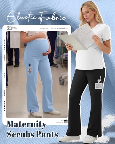 2 Pack Women's Maternity Wide Leg Cargo Scrub Pants - color: Black, Light Gray Blue, size: XX-Large