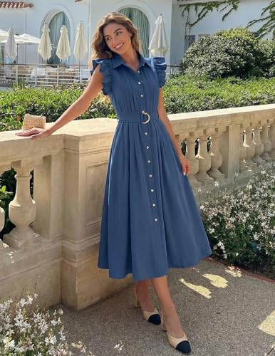 ZESICA Womens Summer Button Midi Dress Casual Work Dresses - color: Navy, size: X-Large