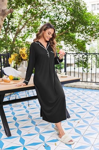 Ekouaer Long Sleeves Nightgowns for Women Button Down Night Gown - color: Black, size: Large
