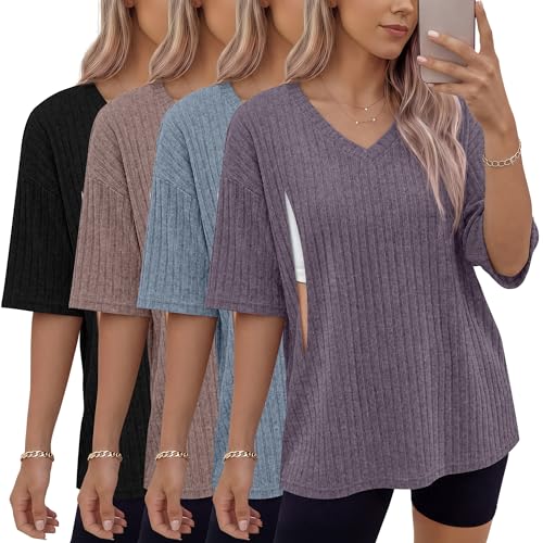 Ficerd 4 Pack Women's Oversize Nursing Shirts - color: Purple, Blue, Light Coffee, Black, size: Small