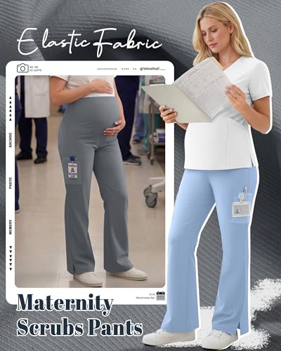 2 Pack Women's Maternity Wide Leg Cargo Scrub Pants - color: Cool Light Gray, Light Gray Blue, size: X-Large