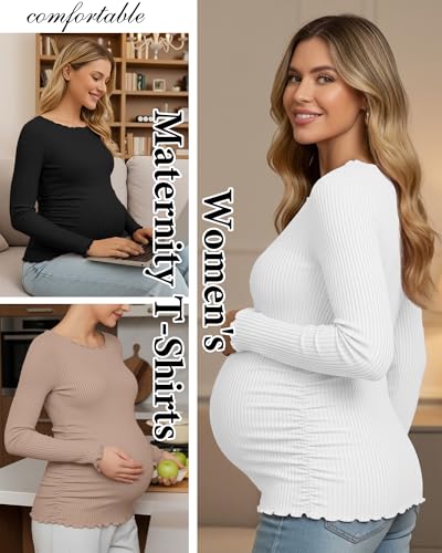 3 Pack Women's Maternity Cotton Shirts Long Sleeve - color: Khaki, White, Black, size: Medium