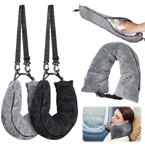 2Pcs Stuffable Travel Pillow, Velvet Travel Neck Pillow Stuffed with Clothes Storage, Fits About 6 T-Shirts Travel Essentials Multifunctional Sleeping Rest Cushion, No Filler (Black and Gray)