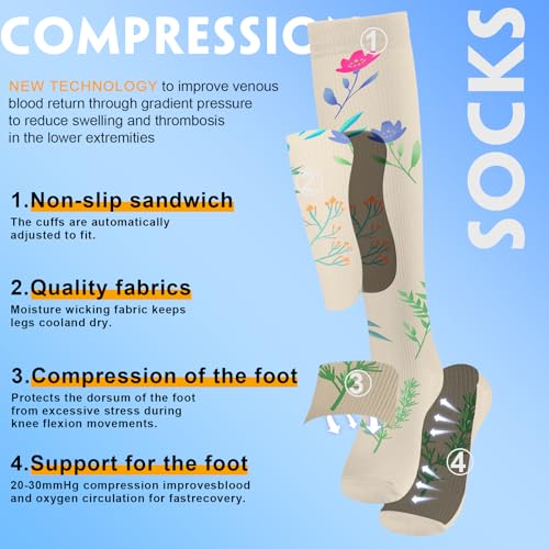 bropite Compression Socks For Women&Men,6 Pairs 20-30 mmHg Knee-High Socks - color: 01 Blackdaisy 27, size: Large-X-Large