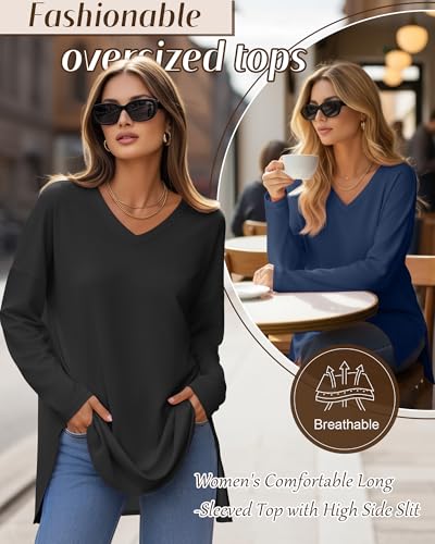 Huukeay 3 Pack Women's Oversized Long Sleeve V Neck Shirts - color: Black, Navy Blue, Fuchsia, size: Medium