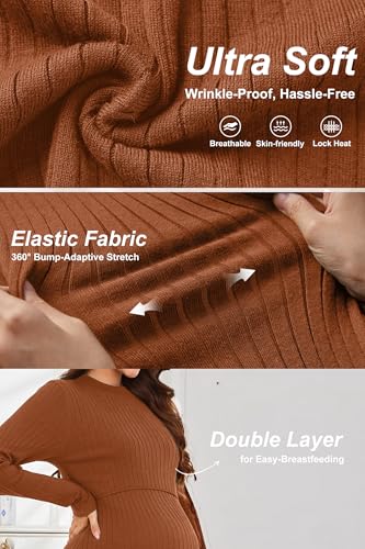 OUGES Women's Wool Blend Sweater Nursing Ribbed Fall Maternity Dress - color: Red Caramel, size: Small