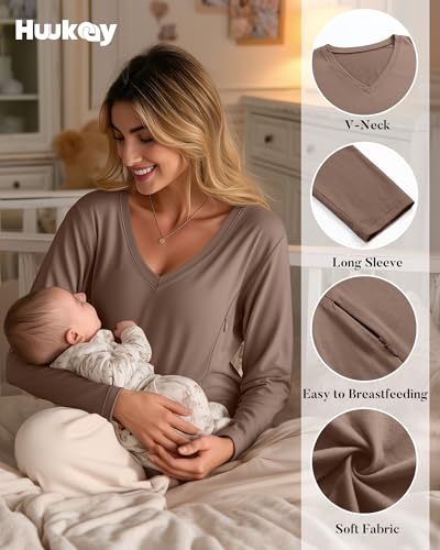 Huukeay 3 Pack Maternity Nursing Tops Breastfeeding Shirts - color: Black, Khaki, Cream, size: Medium