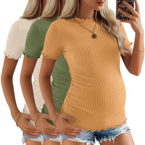 3 Pack Women's Ribbed Maternity Tops - color: Ginger Yellow, Sage Green, Apricot, size: Medium