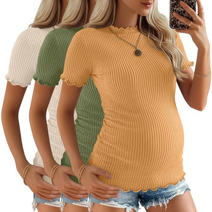 3 Pack Women's Ribbed Maternity Tops - color: Ginger Yellow, Sage Green, Apricot, size: Medium