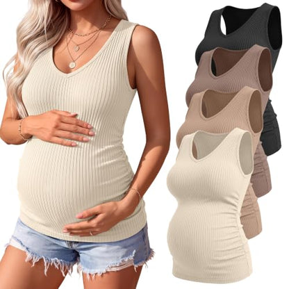 4 Pack Women's Maternity Pregnancy Tanks - color: Apricot, Khaki, Coffee, Black, size: Medium