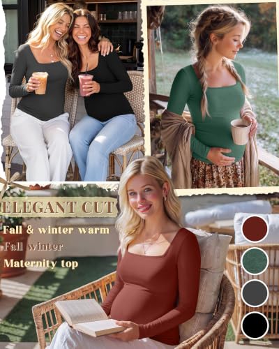 4 Pcs Womens Maternity Long Sleeve Square Neck Shirts - color: Orange, Dark Green, Gray, Black, size: Large