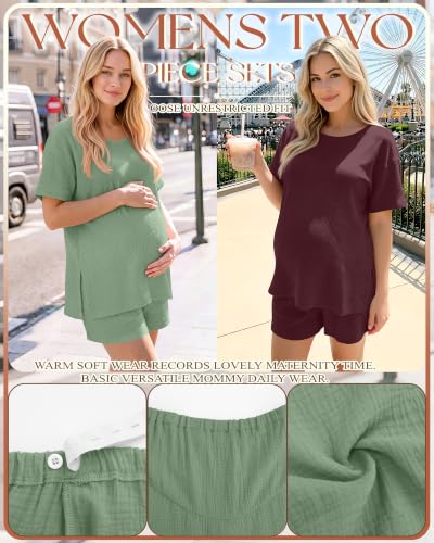 Riyiper 4 Pcs 100% Cotton Maternity Pajamas Sets - color: Green, Wine Red, size: Small