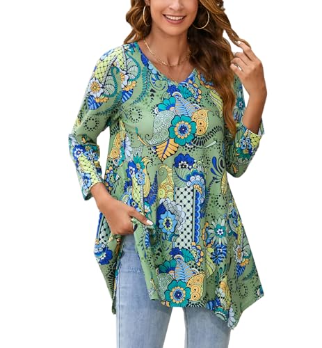ENMAIN Women's Tops Plus Size Tunic Tops 3/4 Sleeve Flare Hem Paisley Print Loose Fit Casual Blouse to Wear with Leggings - color: A1-green & Floral, size: 3X-Large