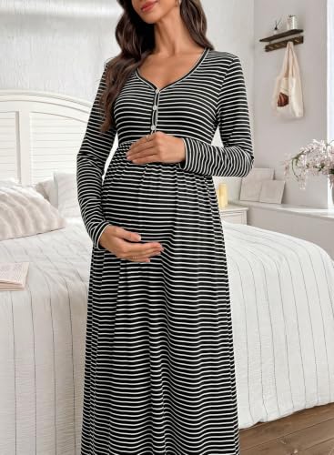 BLENCOT Maternity Dress V Neck Long Sleeve Striped Button Down Maxi Dresses - color: Black, size: XX-Large