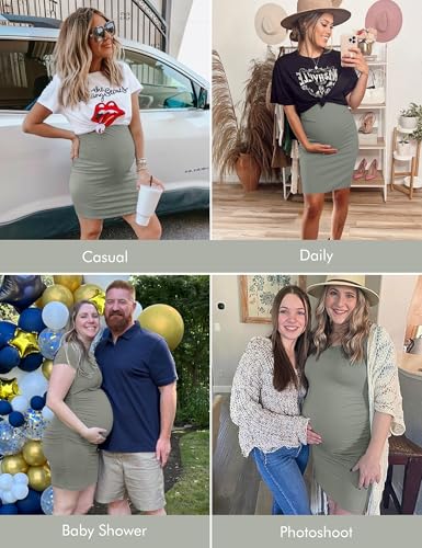 Peauty Side Ruched Maternity Bodycon Dress Short Sleeve Style Baby Shower - color: Green Grey, size: Medium