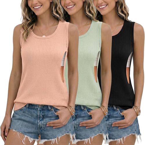 Ecavus Nursing Tank Tops for Breastfeeding, Ribbed Shirt with Hidden Zipper - color: Black+green+pink, size: Small