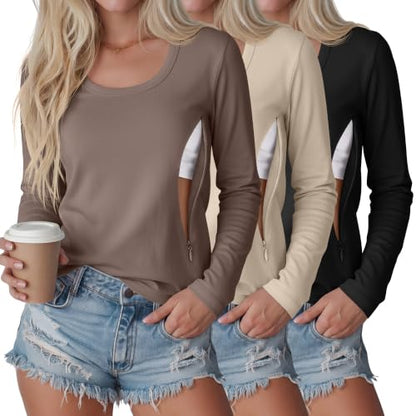 3 Pack Women's Long Sleeve Nursing Tops - color: Coffee, Apricot, Black, size: Small